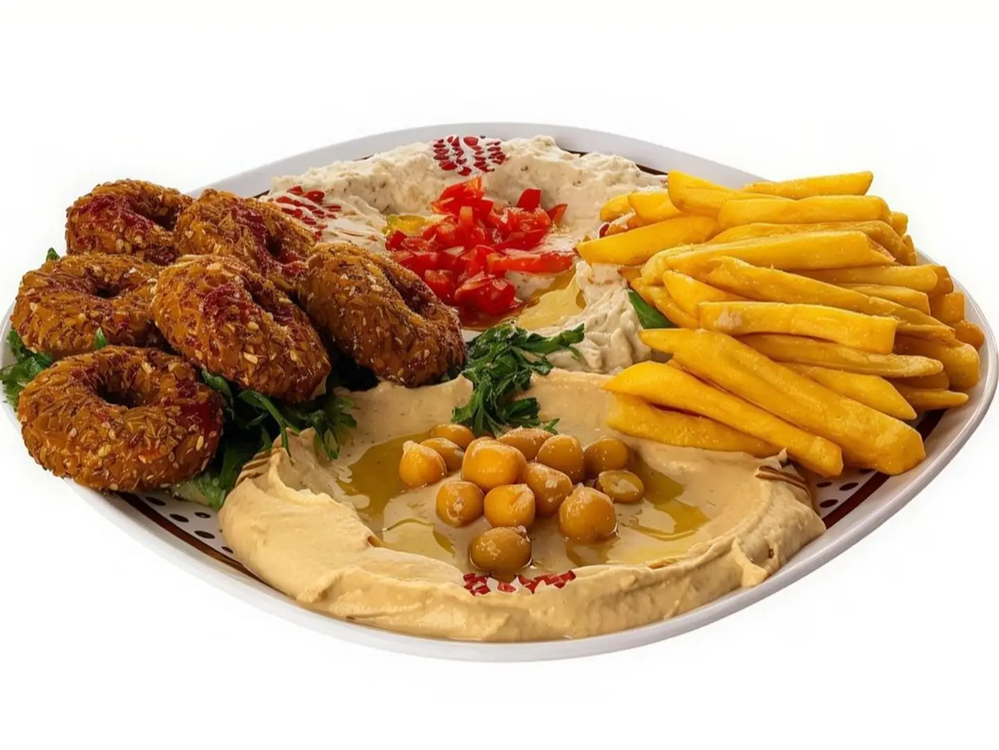صحن مشكل حمص مع بطاطس وفلافل