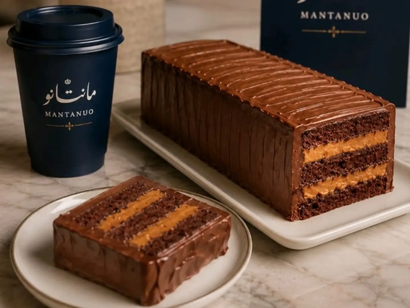 A Piece Of London Cake With A Small Iced Coffee