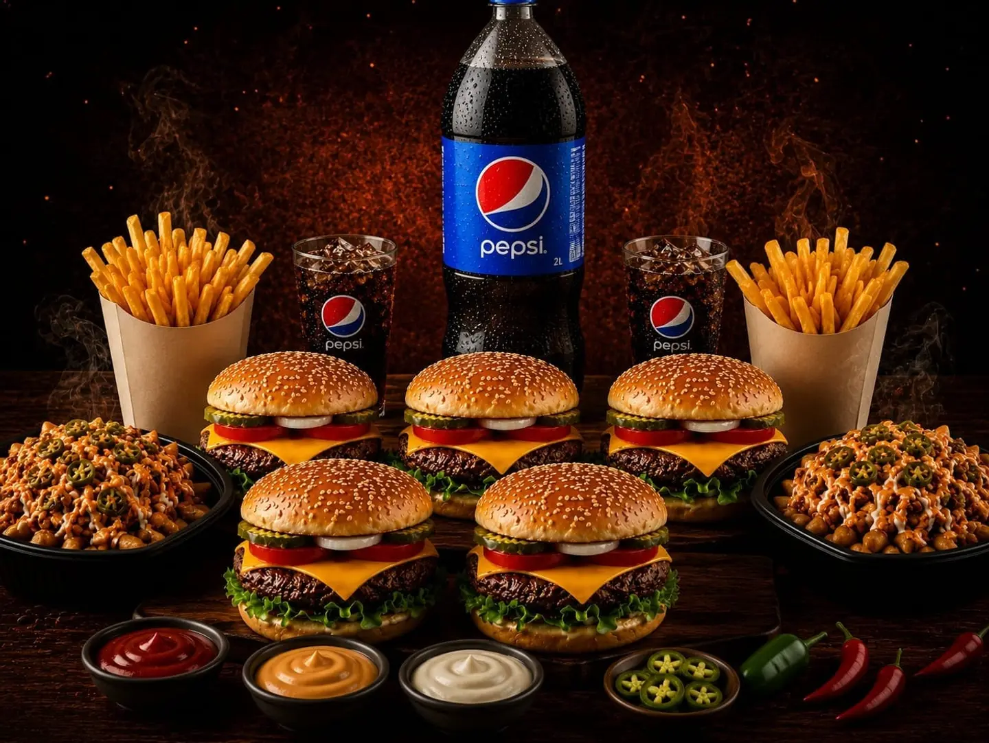Family Offer 5 Grilled Burgers (Chicken Or Beef), 2 Chicken Fries, 2 French Fries, And 1 Big Family Size Pepsi