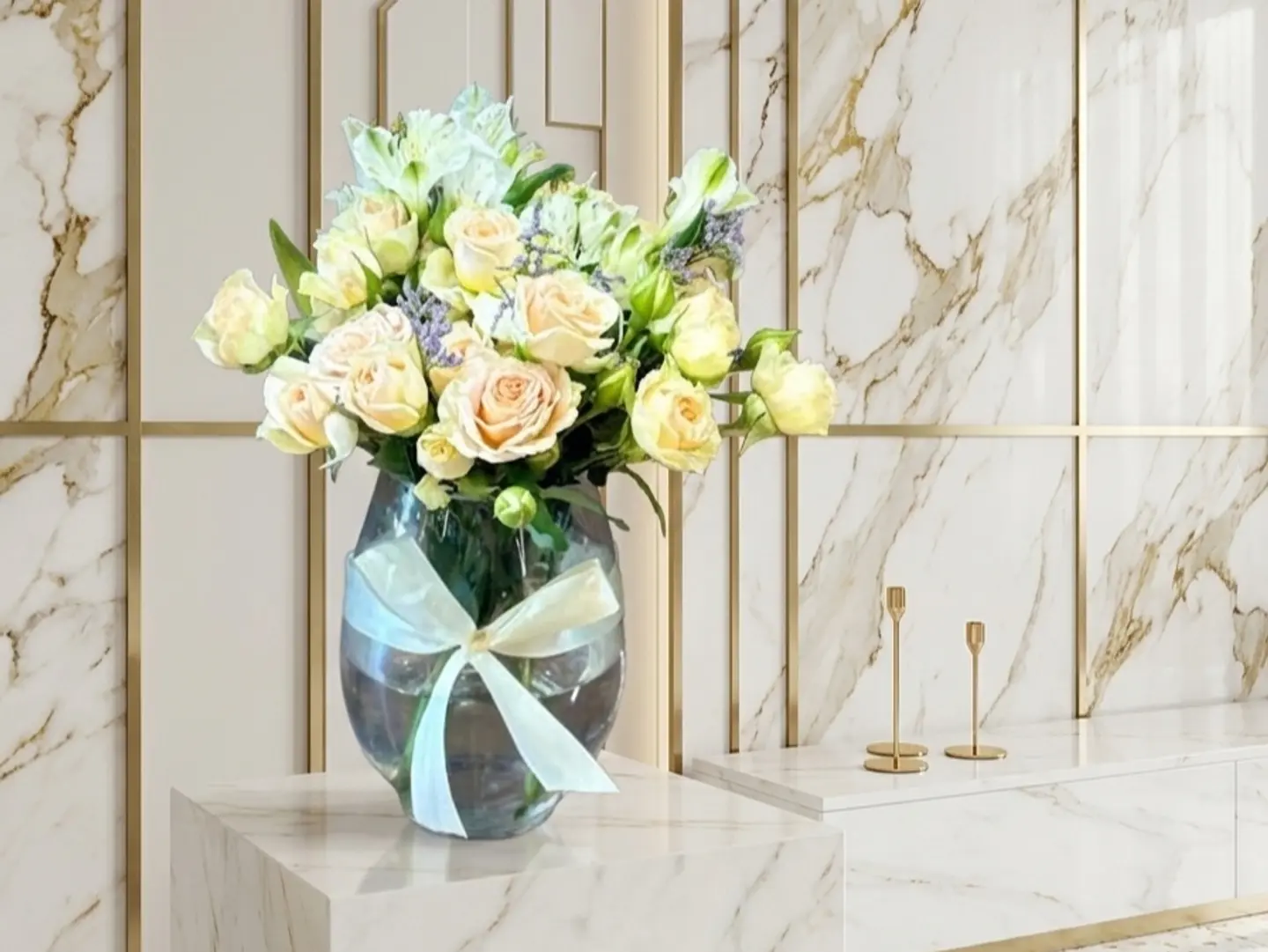 A Vase Of Natural, Cream Colored Roses With Dutch Steatosis