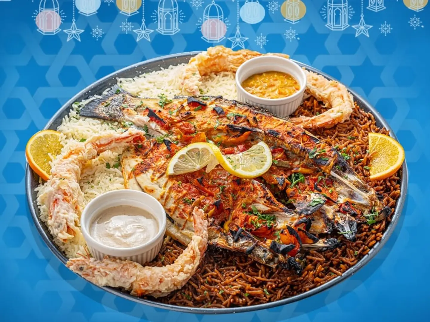 سمك سنجاري مع الروبيان المقلي والرز