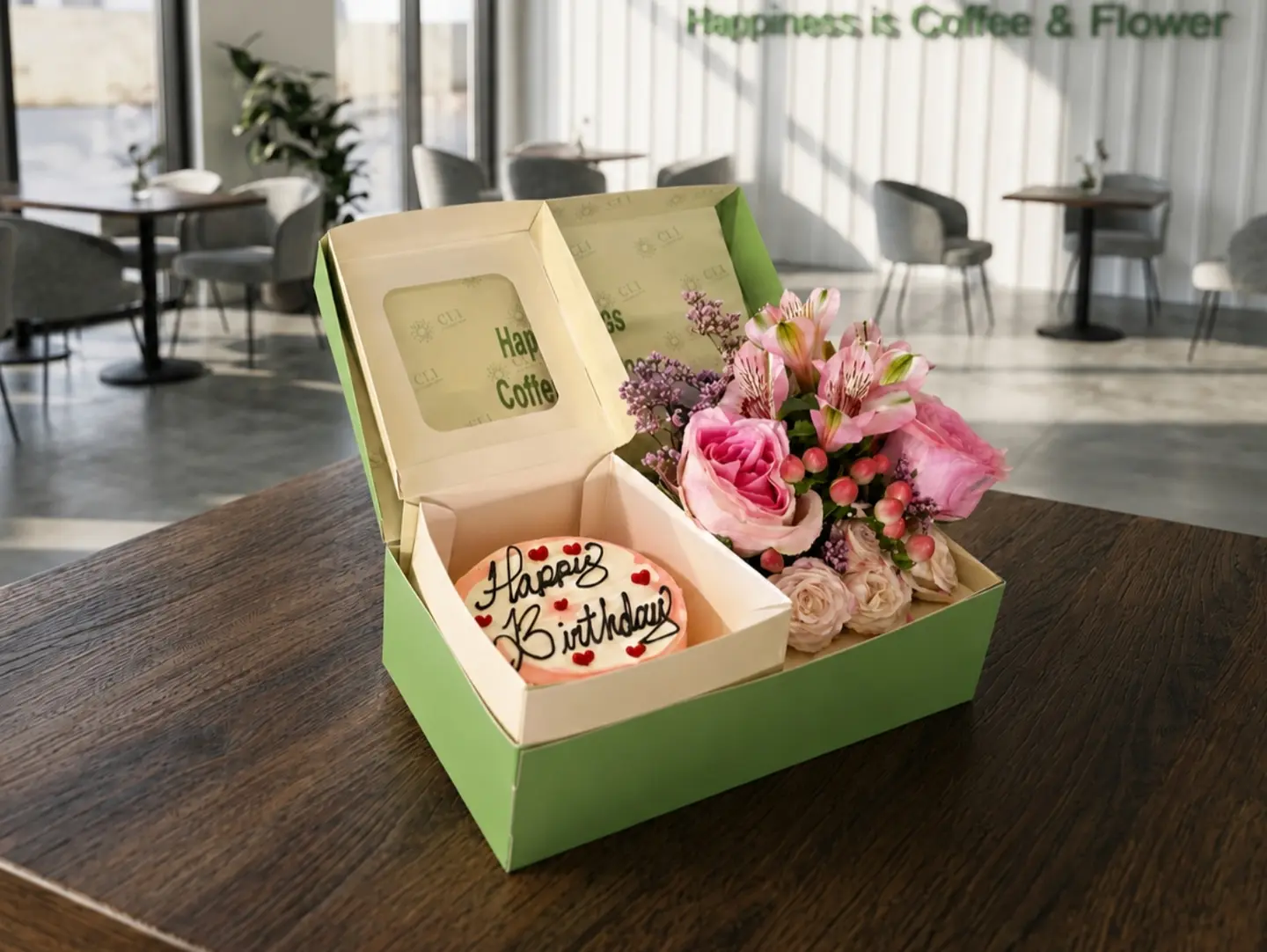 Happiness Box Bento Birthday Cake And Flowers Medium Size