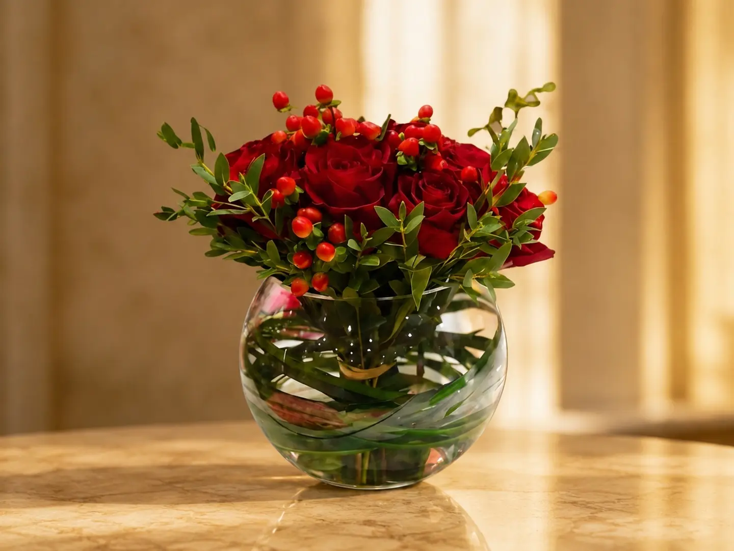 Red Rose Vase With Hypericum