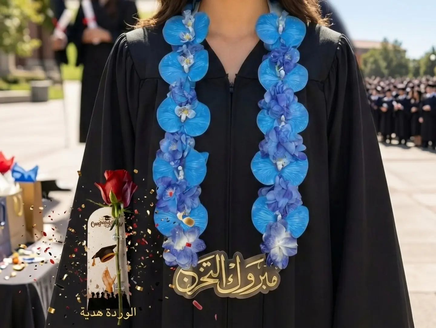 Graduation Sash (Royal Blue) With A Gift Rose