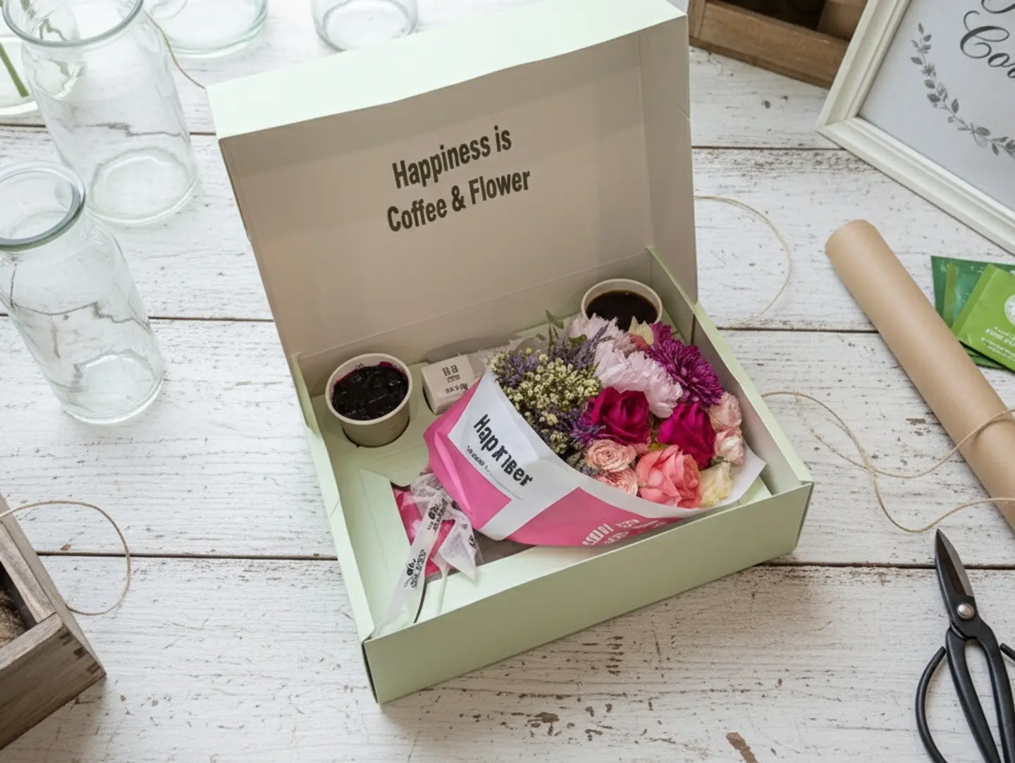 Special Happiness Box Flowers And Coffee And Sweet