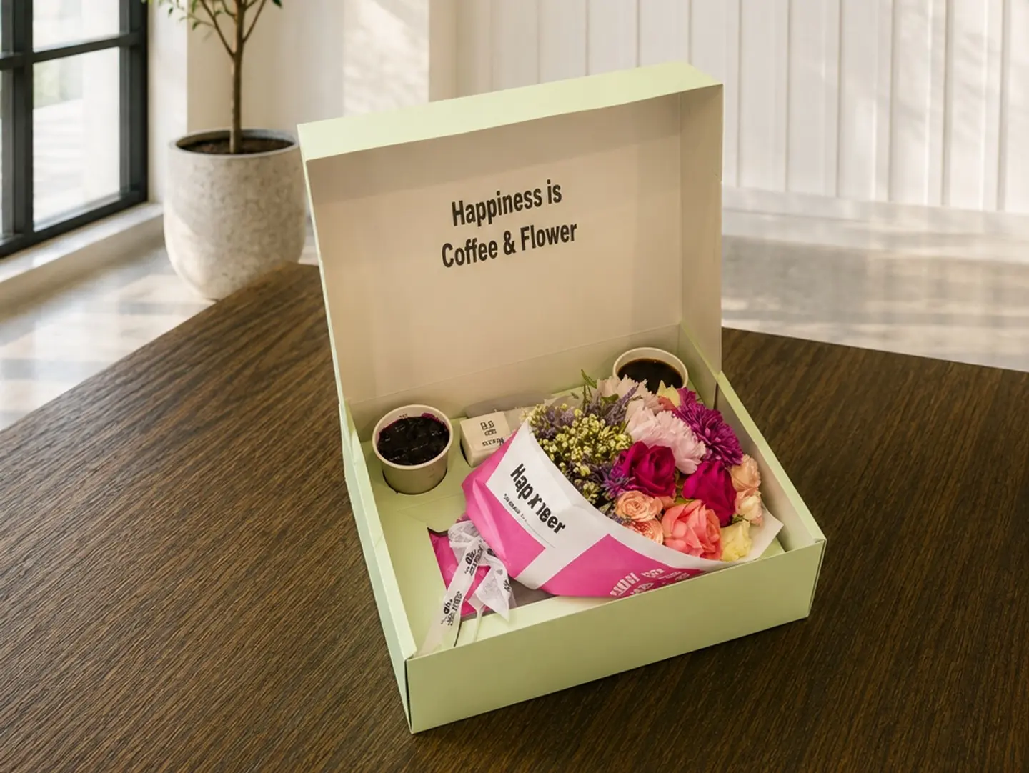 Special Happiness Box Flowers And Coffee And Sweet