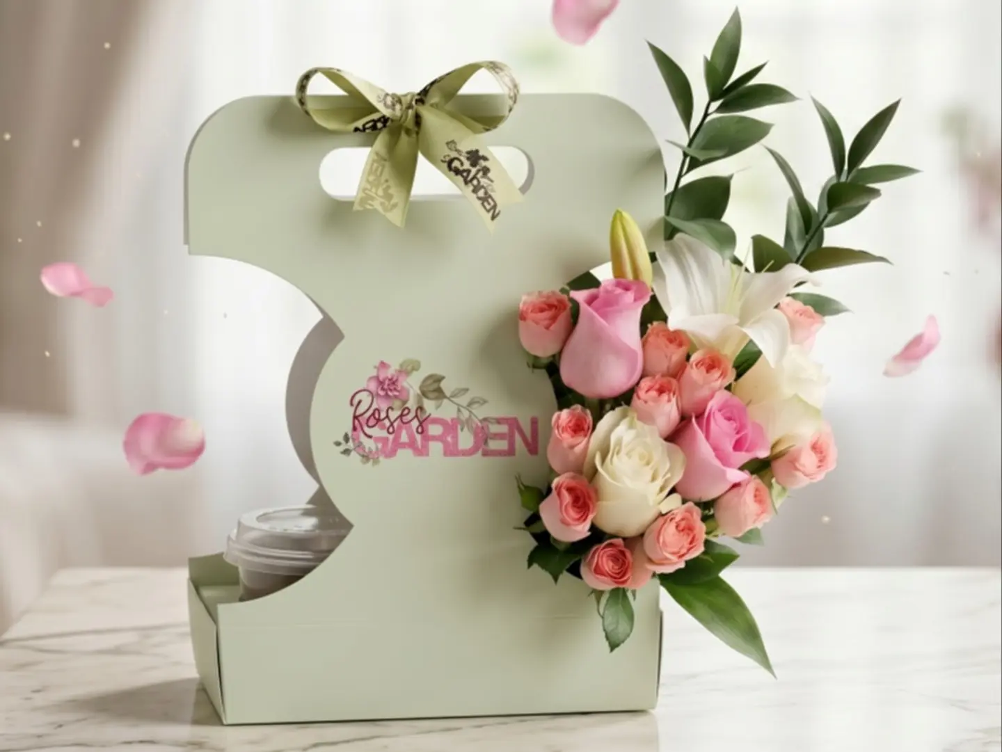 Carrier Of Happiness With Coffee And Flowers