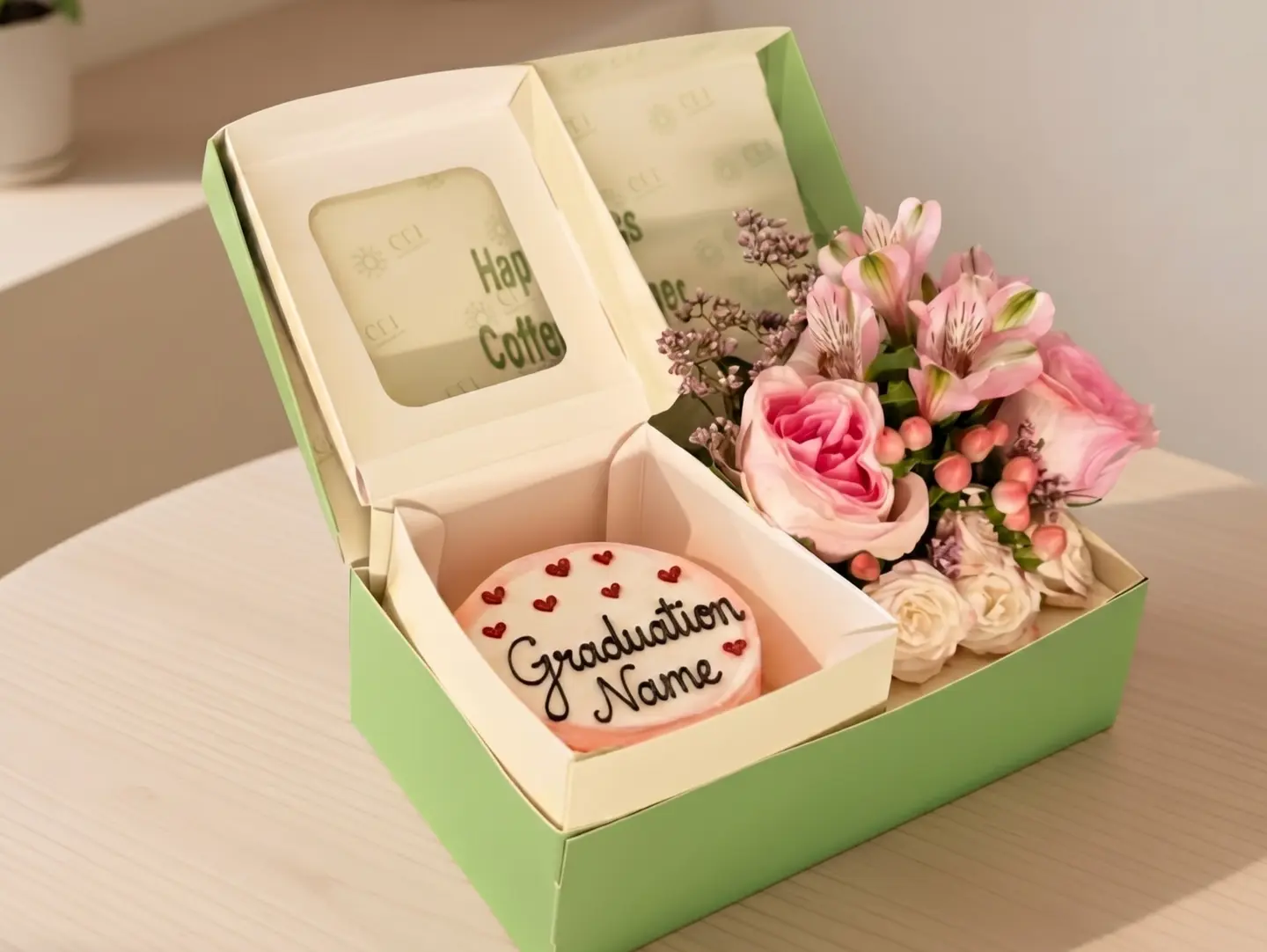 Happiness Box Bento Graduation Cake And Flowers   Medium Size
