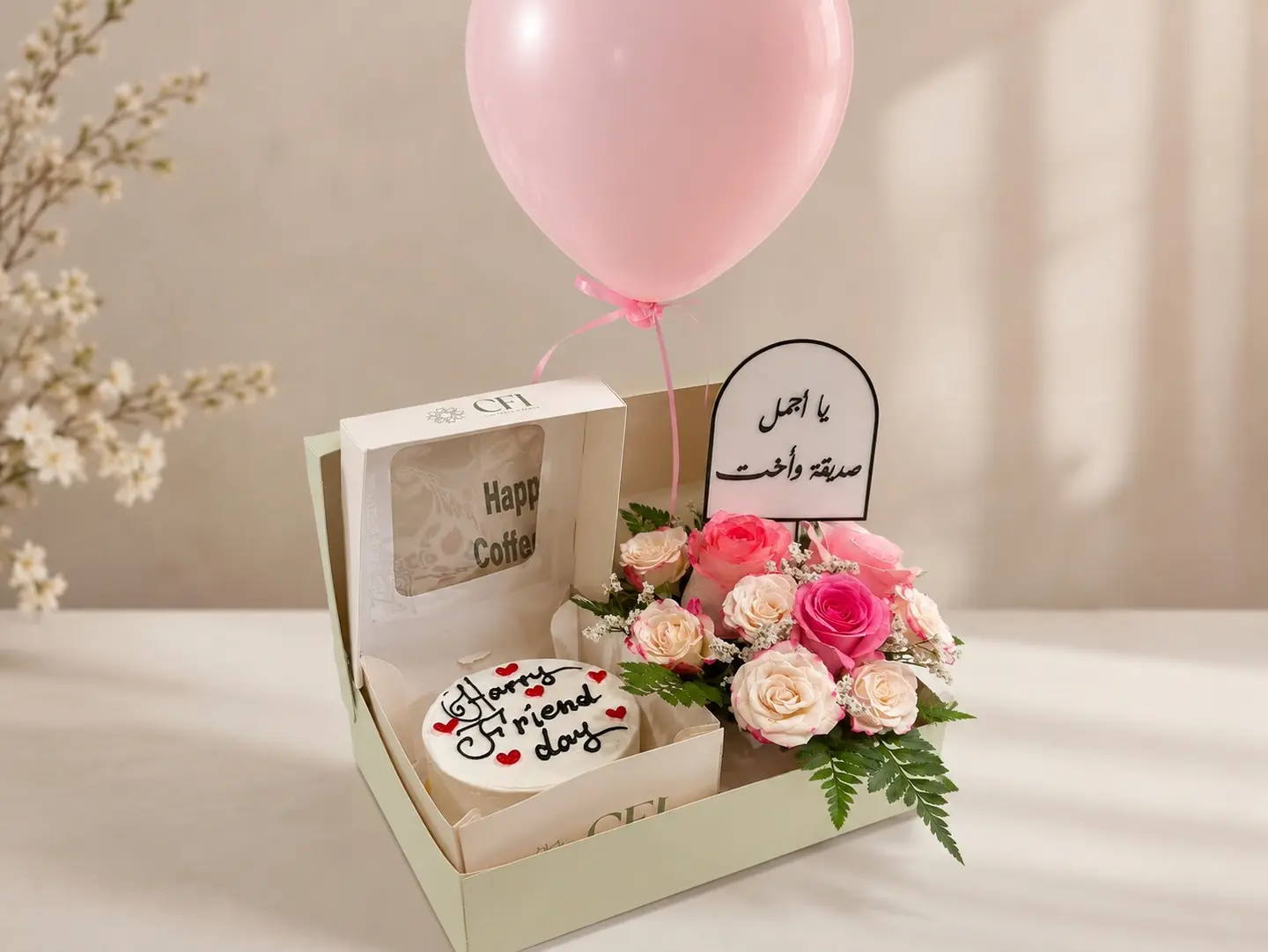 Friendship Day Box Flowers, Bento Cake, Balloon & Topper
