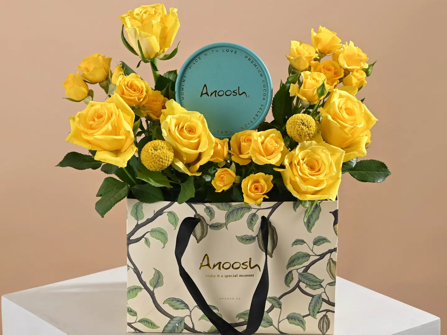 Yellow Baby Rose Arrangement With Anoosh Chocolate