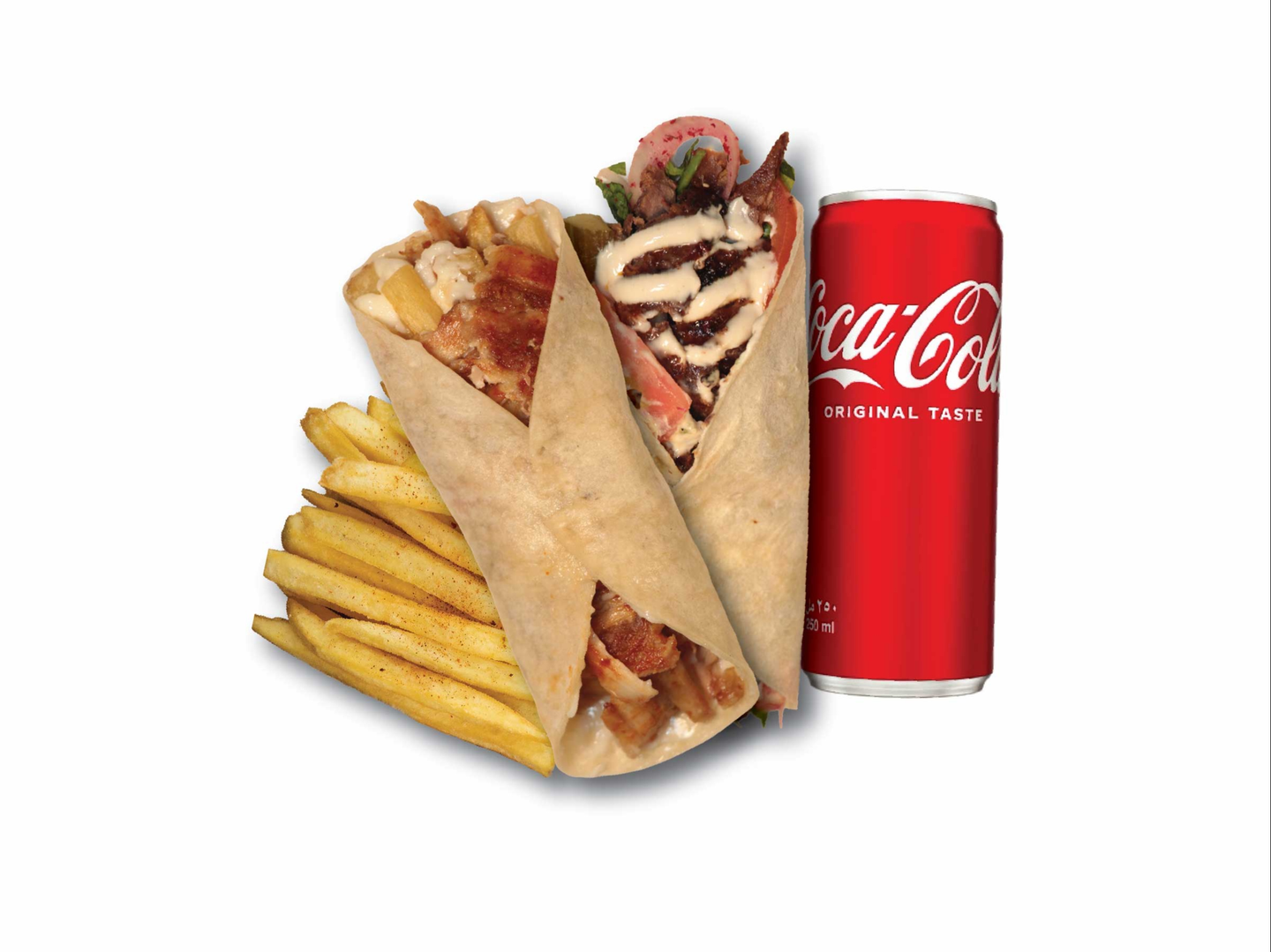 2ساندوتش شاورما لحم او دجاج صغير مع بطاطس ومشروب غازي