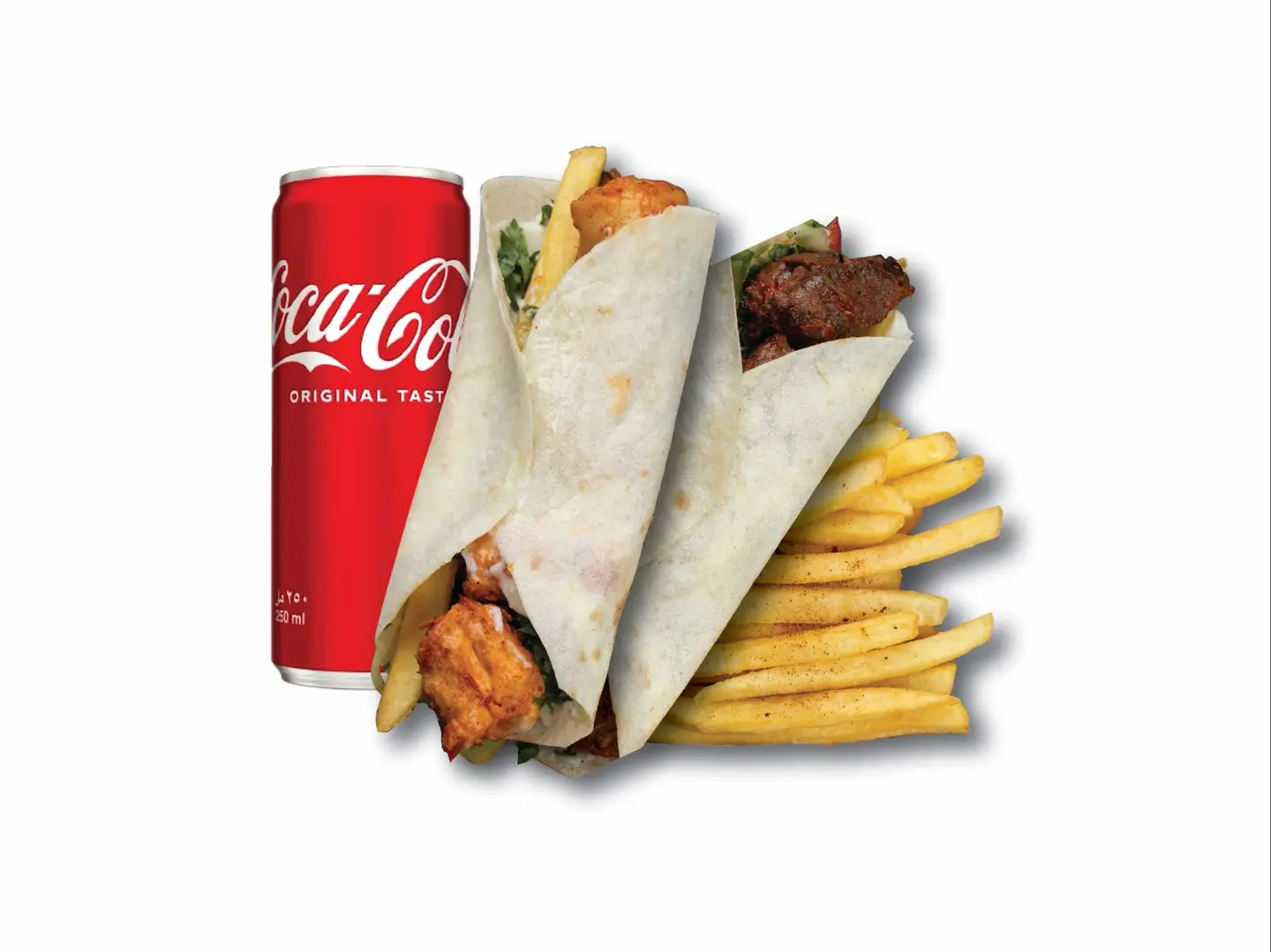 2ساندوتش مشاوي صغير مع بطاطس ومشروب غازي