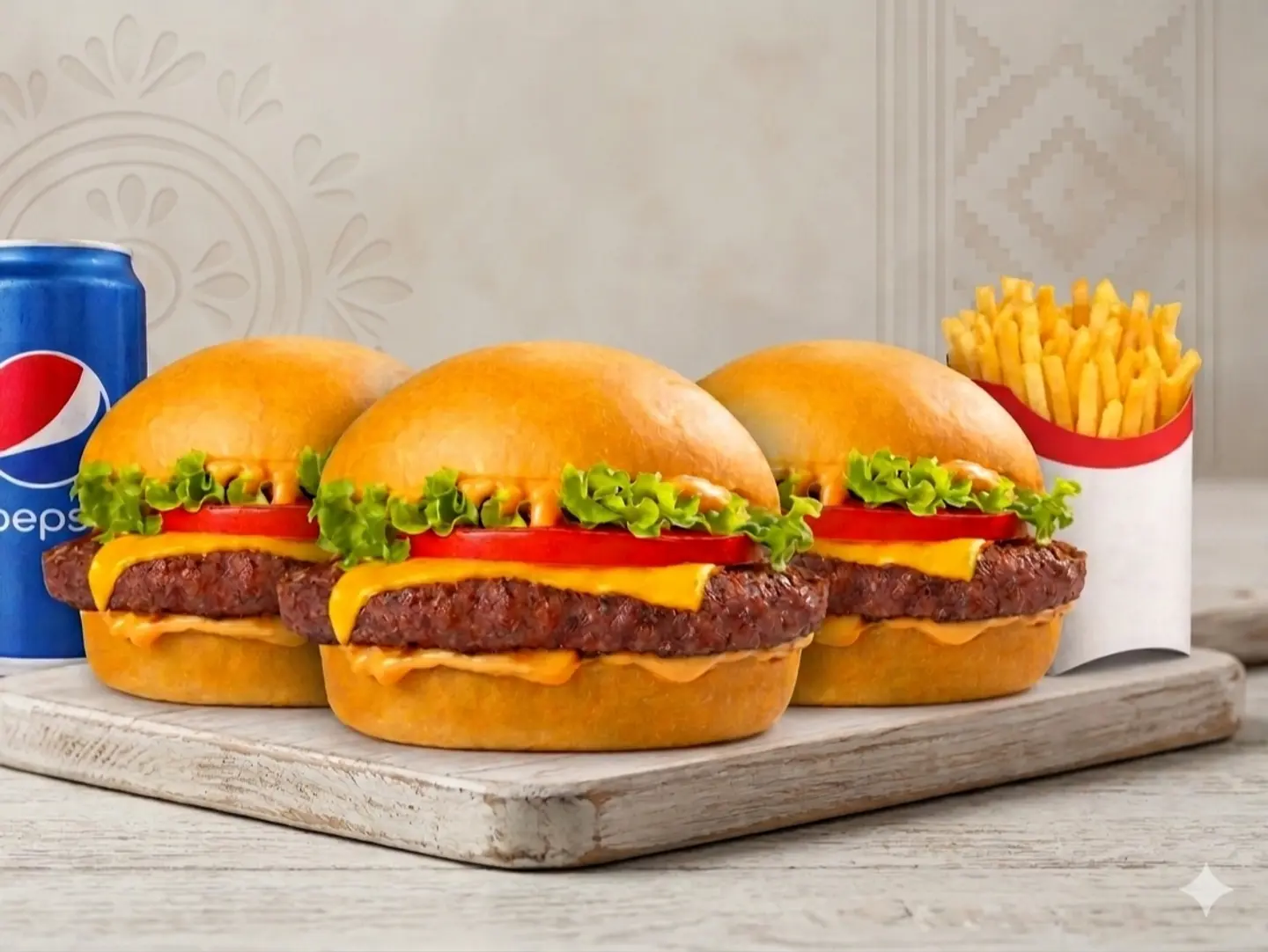 3 Classic Burgers + Fries + Pepsi
