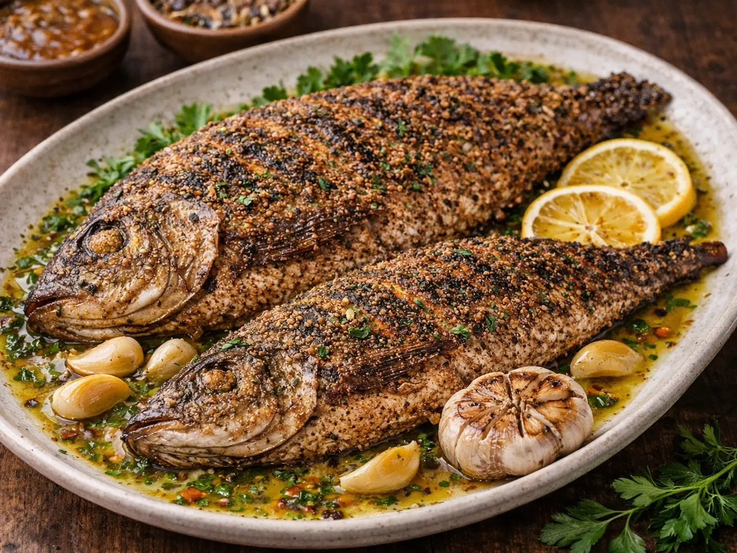 وجبة بلطي مشوي بالردة ثوم وليمون