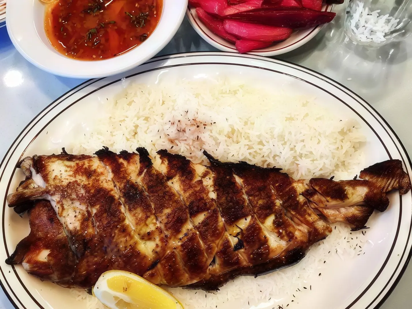 سمك دنيس طازج مشوي مع أرز