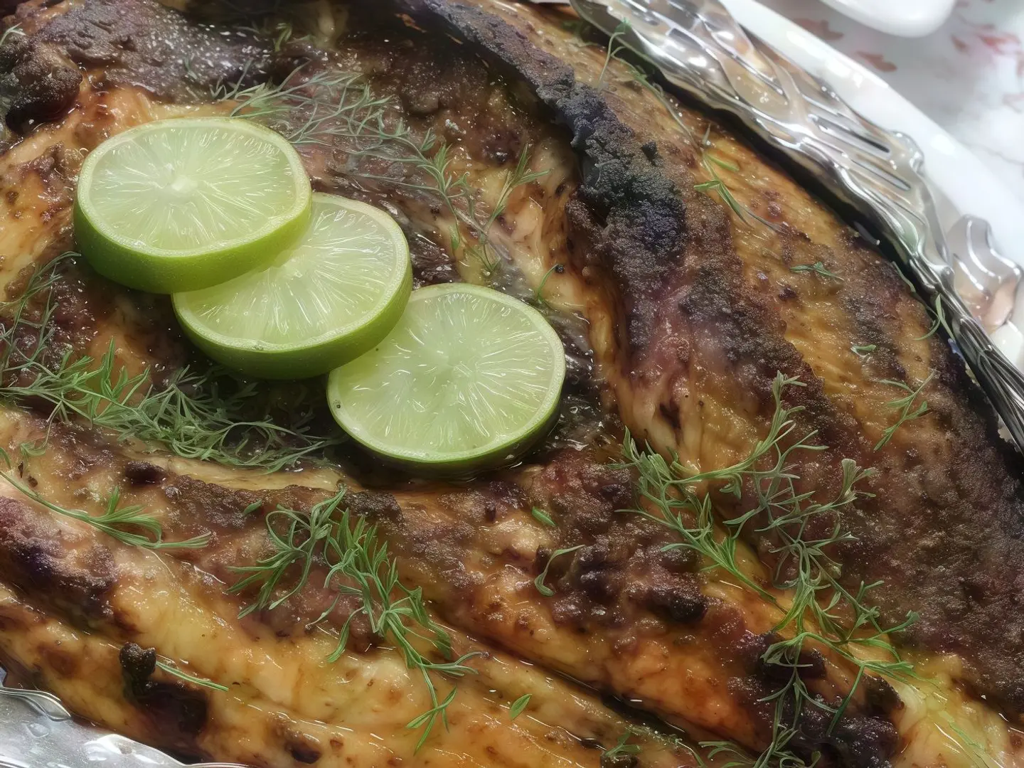 سمك قاروص مشوي مع الصوص والأرز