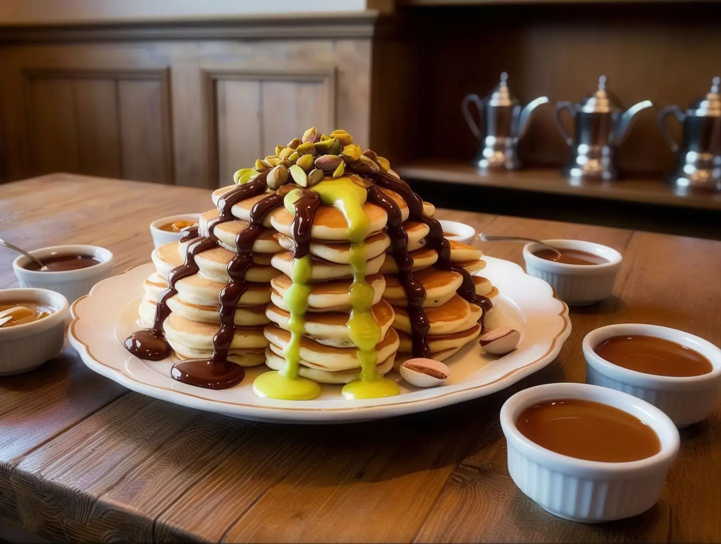 Plate Of Precious Moments: 30 Mini Pancakes With Chocolate, Pistachio, And Delicious Lotus