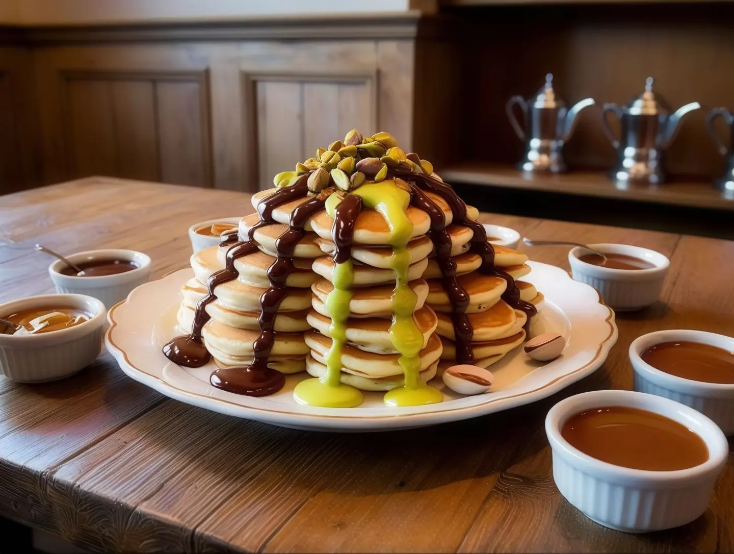 Plate Of Precious Moments: 20 Mini Pancakes With Chocolate, Pistachio, And Delicious Lotus