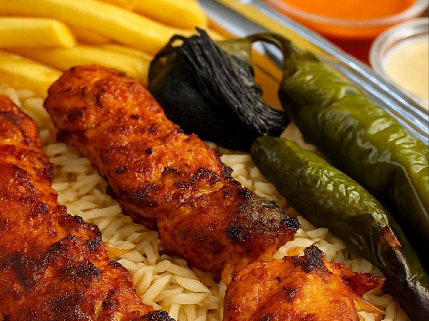 طبق 2 سيخ شيش طاووق مع الرز