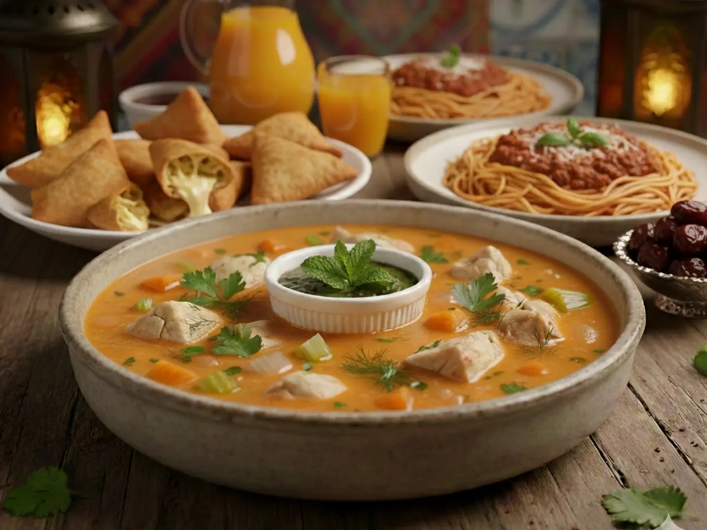 وجبة افطار كاملة(سمبوسة .شربة دجاج.تمر.عصير .مهلبية,مكرونة)