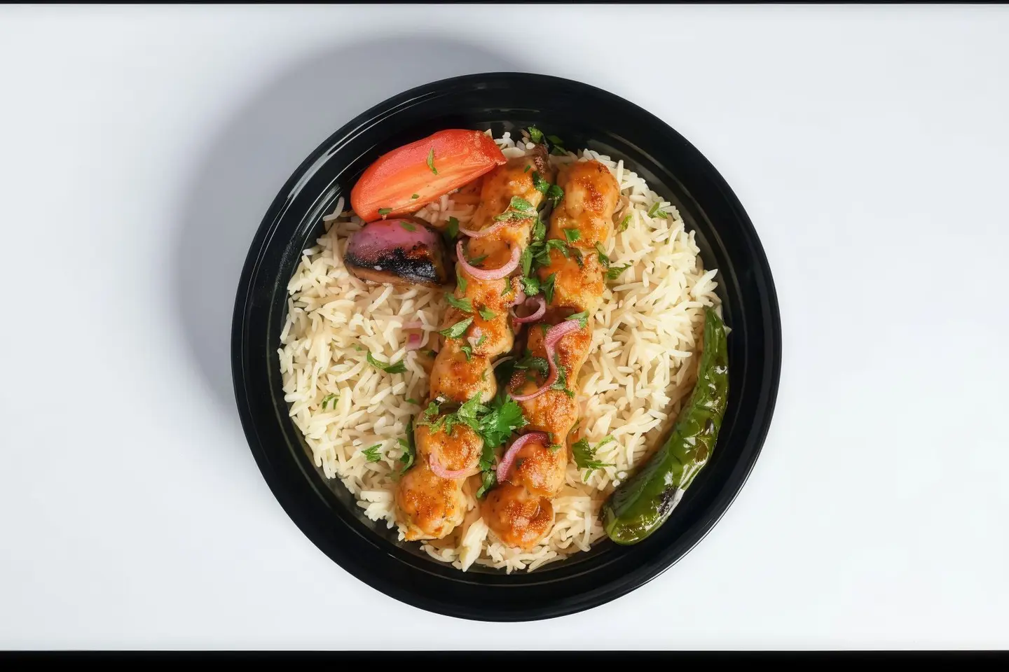 سيخين كباب دجاج مع رز بشاور مع صوص الطحينة والدقوس الحار