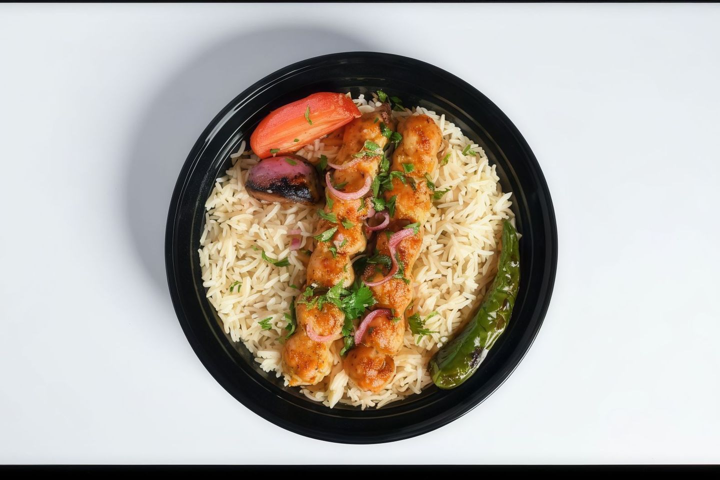 سيخين كباب دجاج مع رز بشاور مع صوص الطحينة والدقوس الحار
