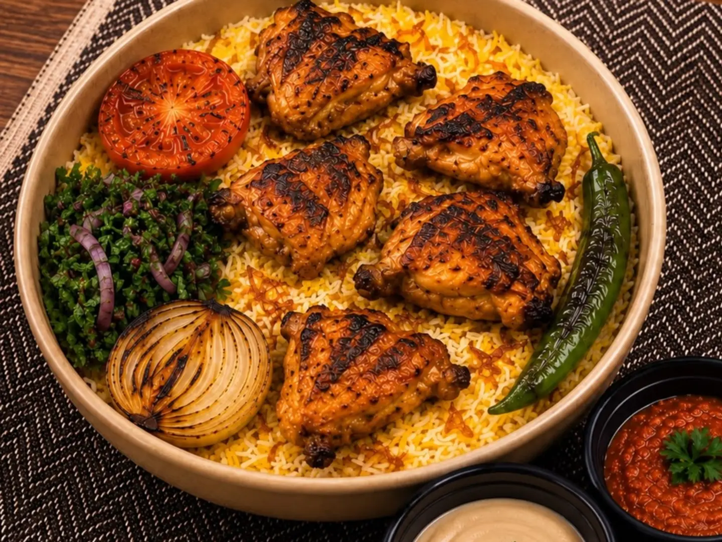 Boneless Shish Tawook With Bechawar Ricetahini Sauce And Hot Dakous