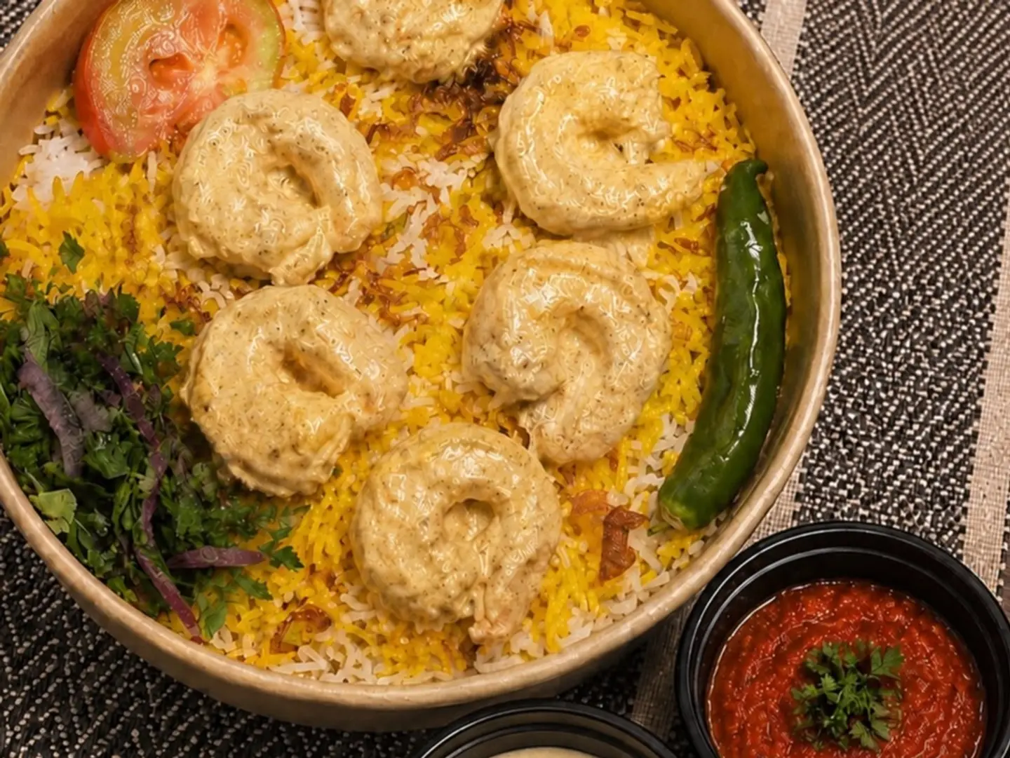 6 قطع جمبري مع رز بشاور مع صوص الطحينة والدقوس الحار