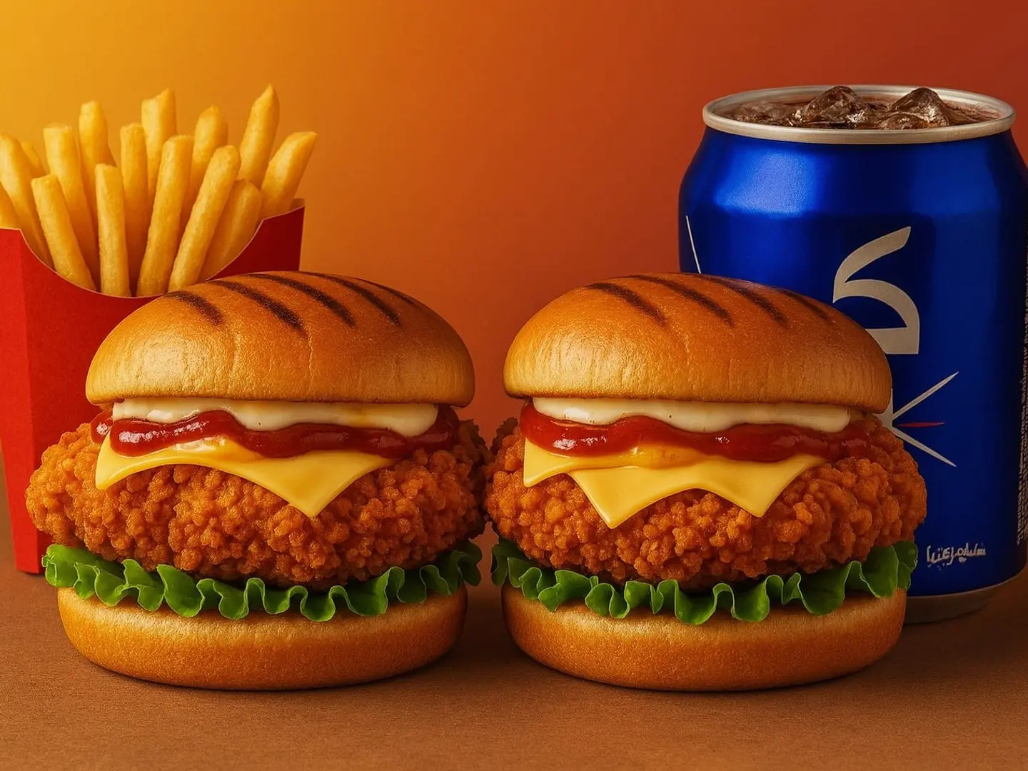 2 برجر زنجر مقرمش مع بطاطس مقلية ومشروب كينزا كولا