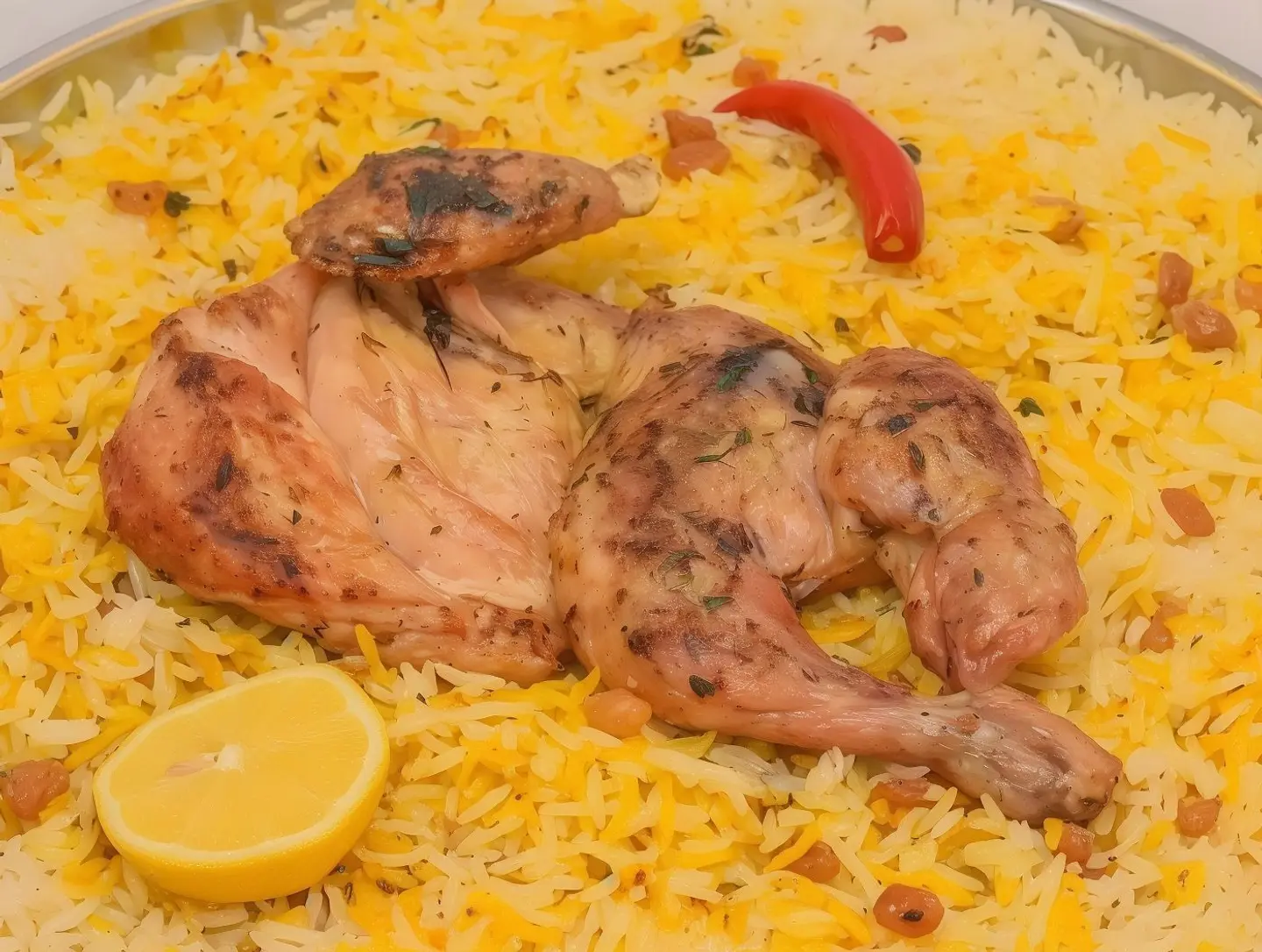 One Chicken Cooked In A Grill With Mandi Rice