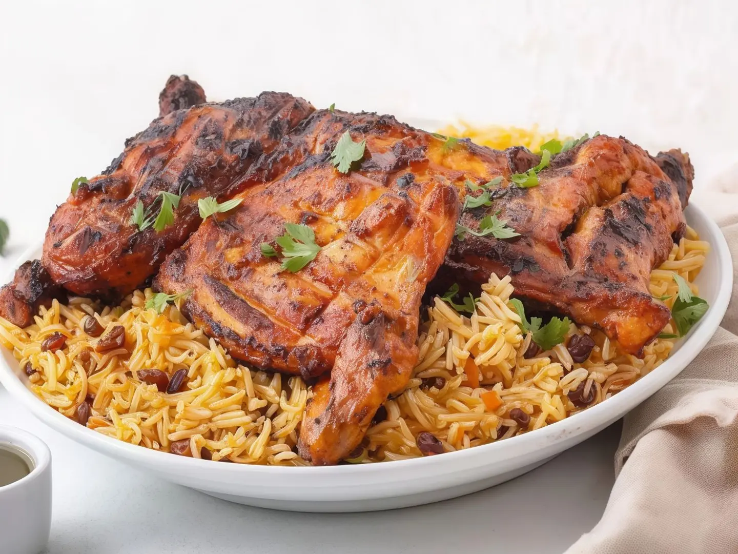 نص حبة دجاج على الفحم مع الرز