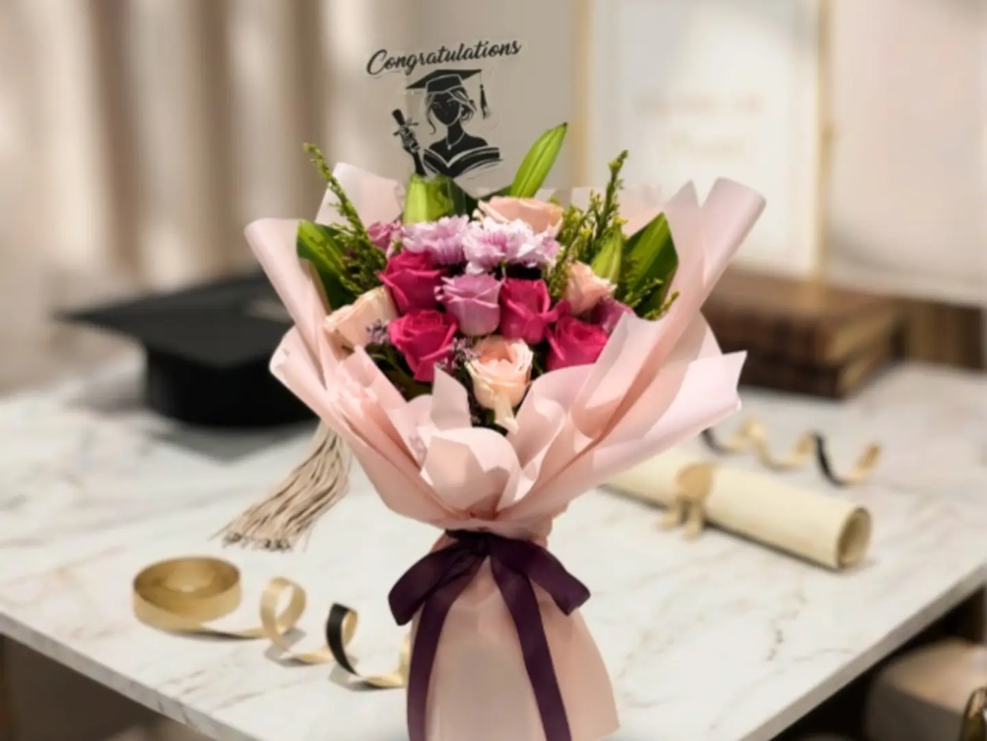 Mixed Pink Flower Bouquet With Graduation Topper