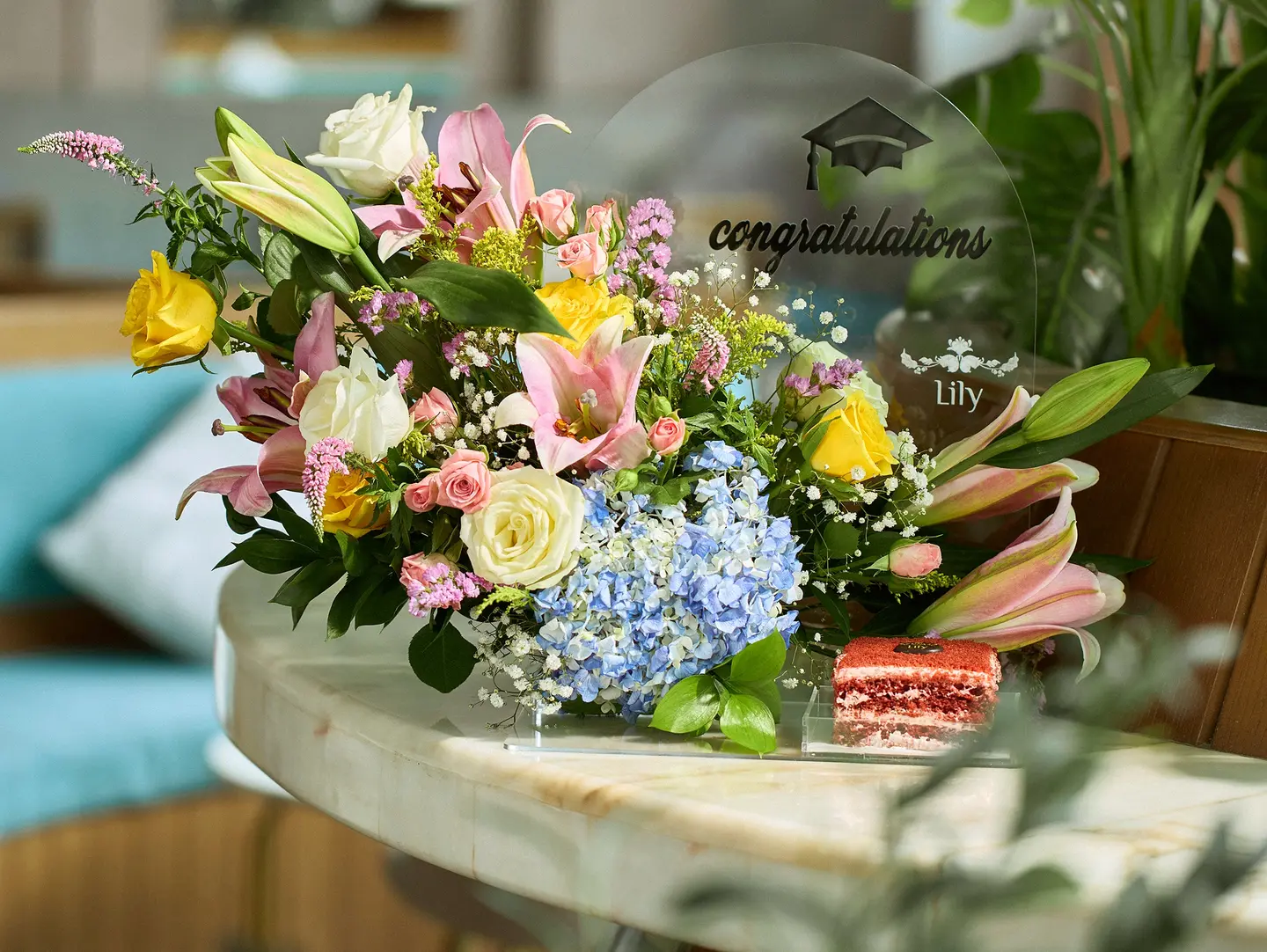Congratulation Stand   Flowers And Mini Cake
