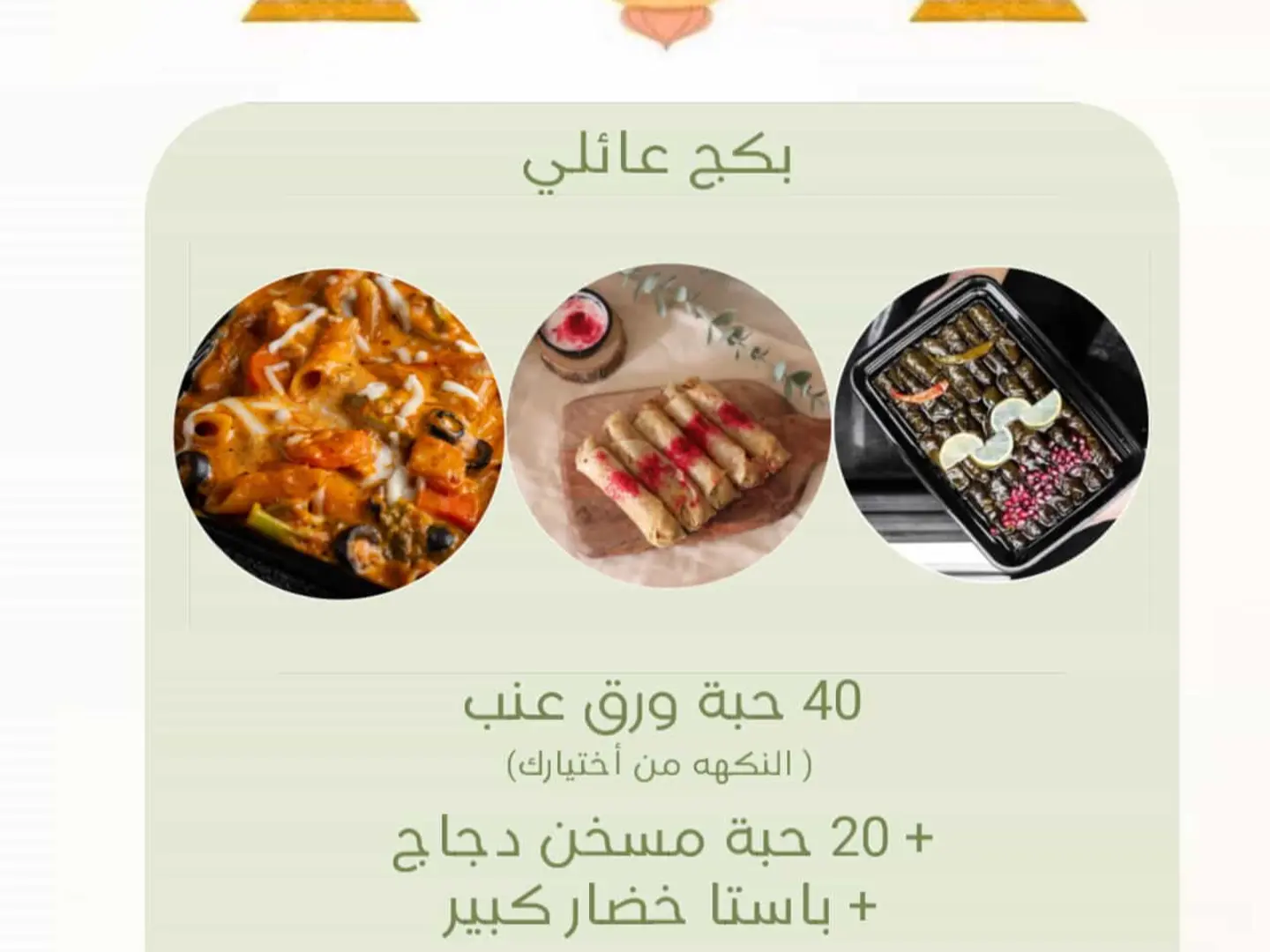 بكج رمضان عائلي 40 حبة ورق عنب و 20 حبة مسخن دجاج وباستا خضار كبير