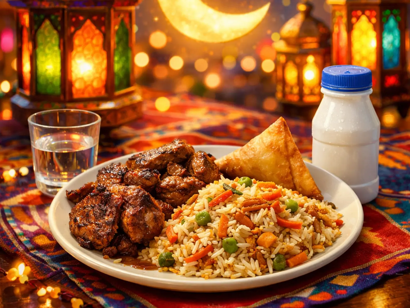 ربع دجاج شوايه و ارز مشكل و سمبوسه وتمر ولبن ومياه