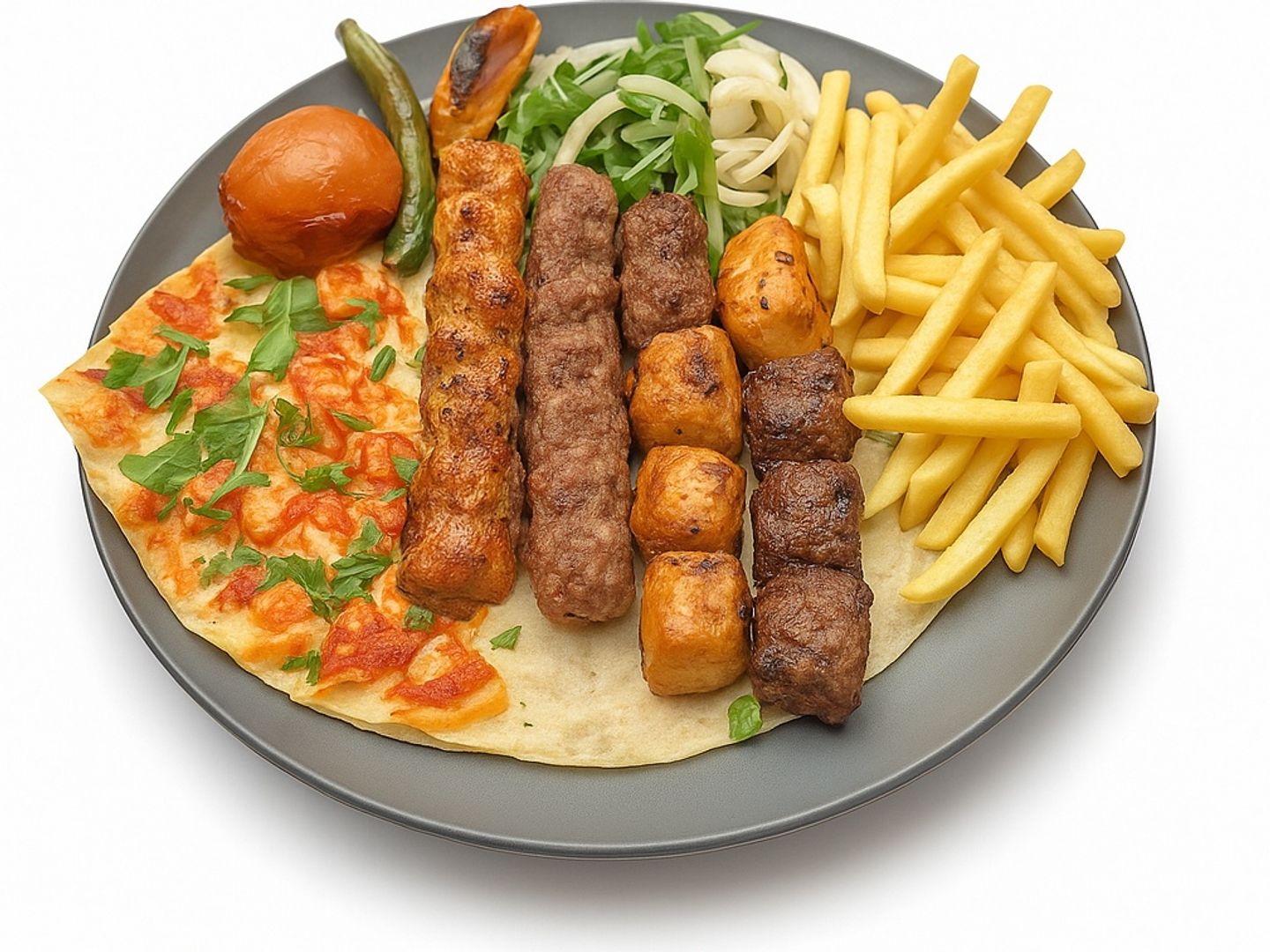 طبق مشكل مشويات - 4 أسياخ مشكلة  من المشويات مع السلطة والبطاطس