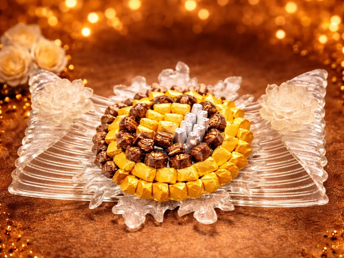 صحن شوكولاتة زجاج وردتين