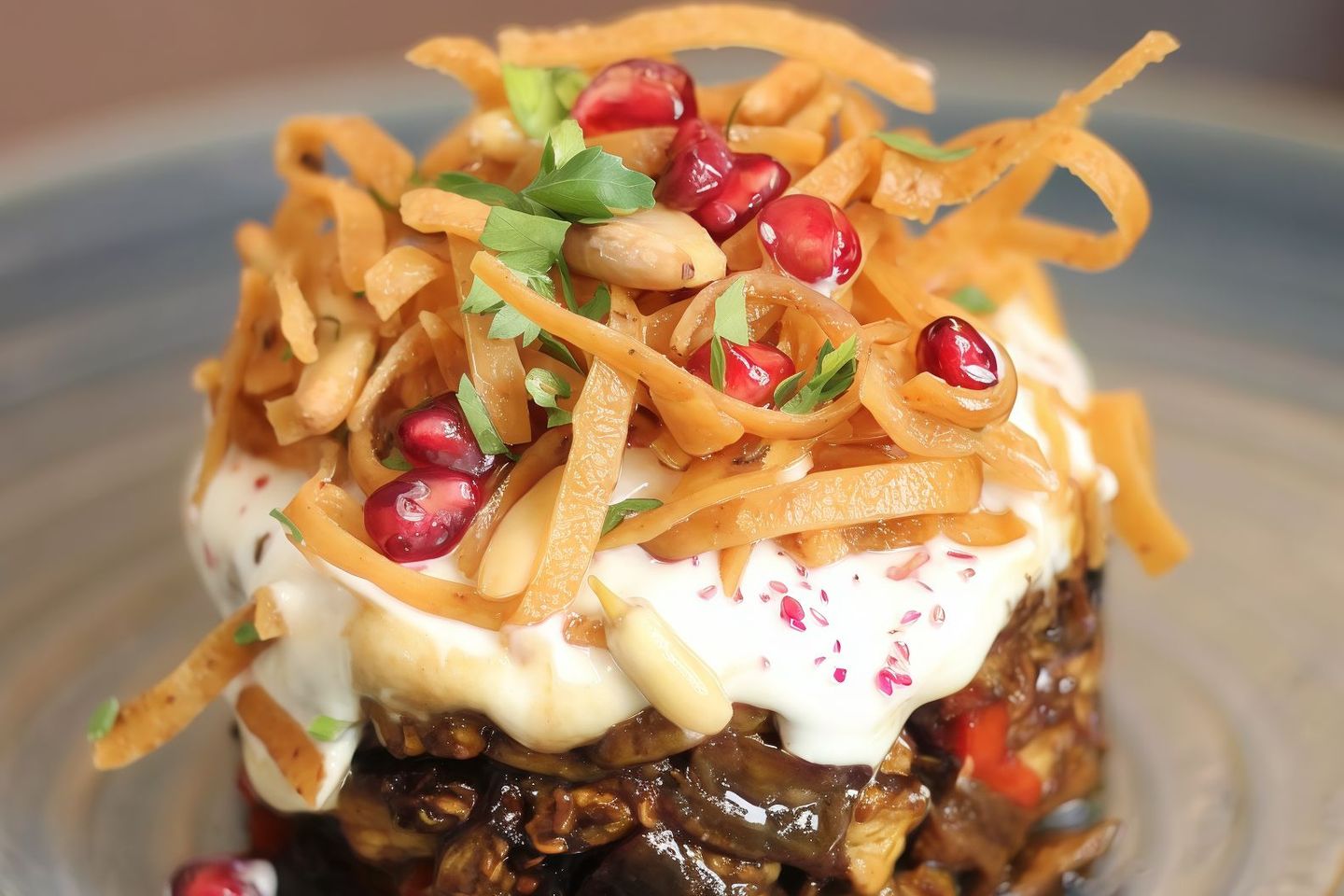Eggplant Fattah With Pomegranate Molasses