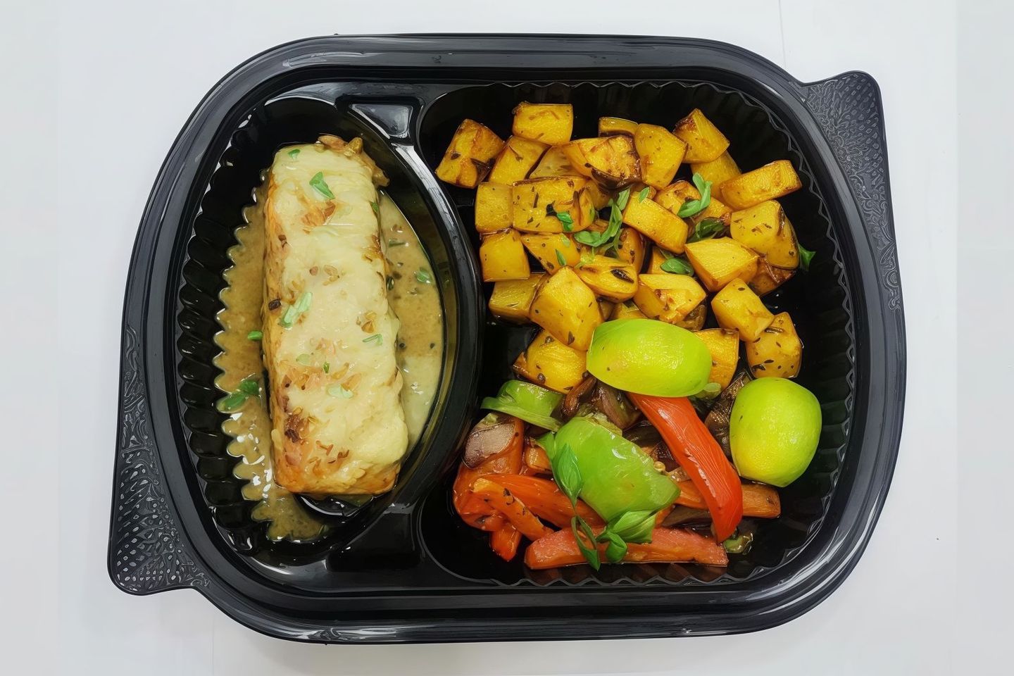 Salmon Meal With Roasted Potatoes And Chinese Vegetables