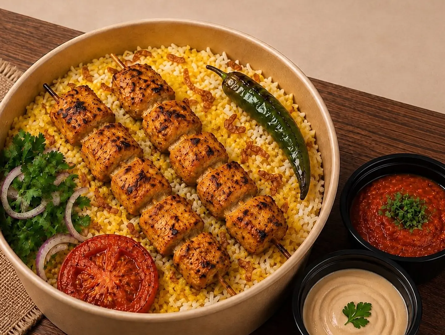 سيخين شيش طاووق مع ارز بشاور مع صوص الطحينة والدقوس