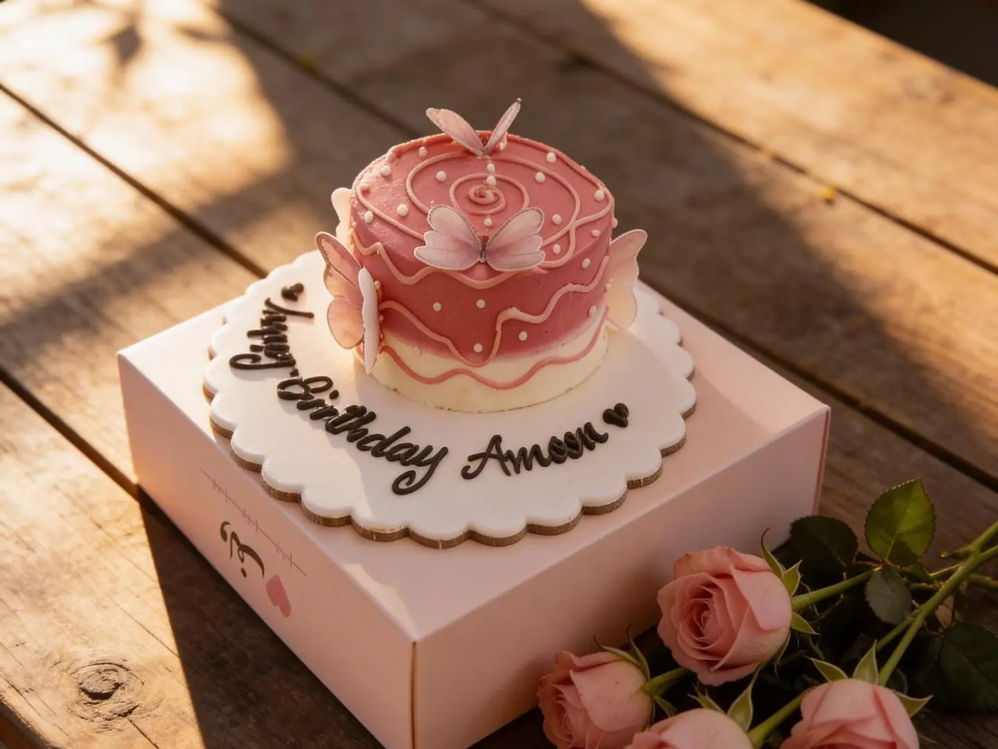 كيكة يوم ميلاد مع فراشات كتابة على القاعدة حجم صغير