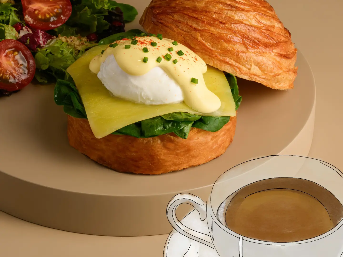 Spinach Emmental Benedict + Beverage