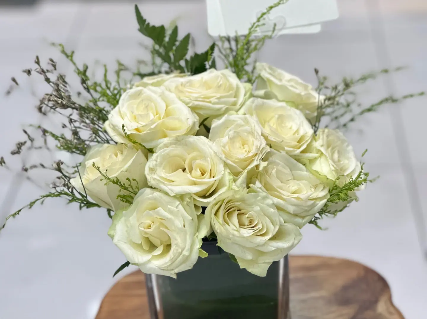 Short Clear Square Vase With White Roses