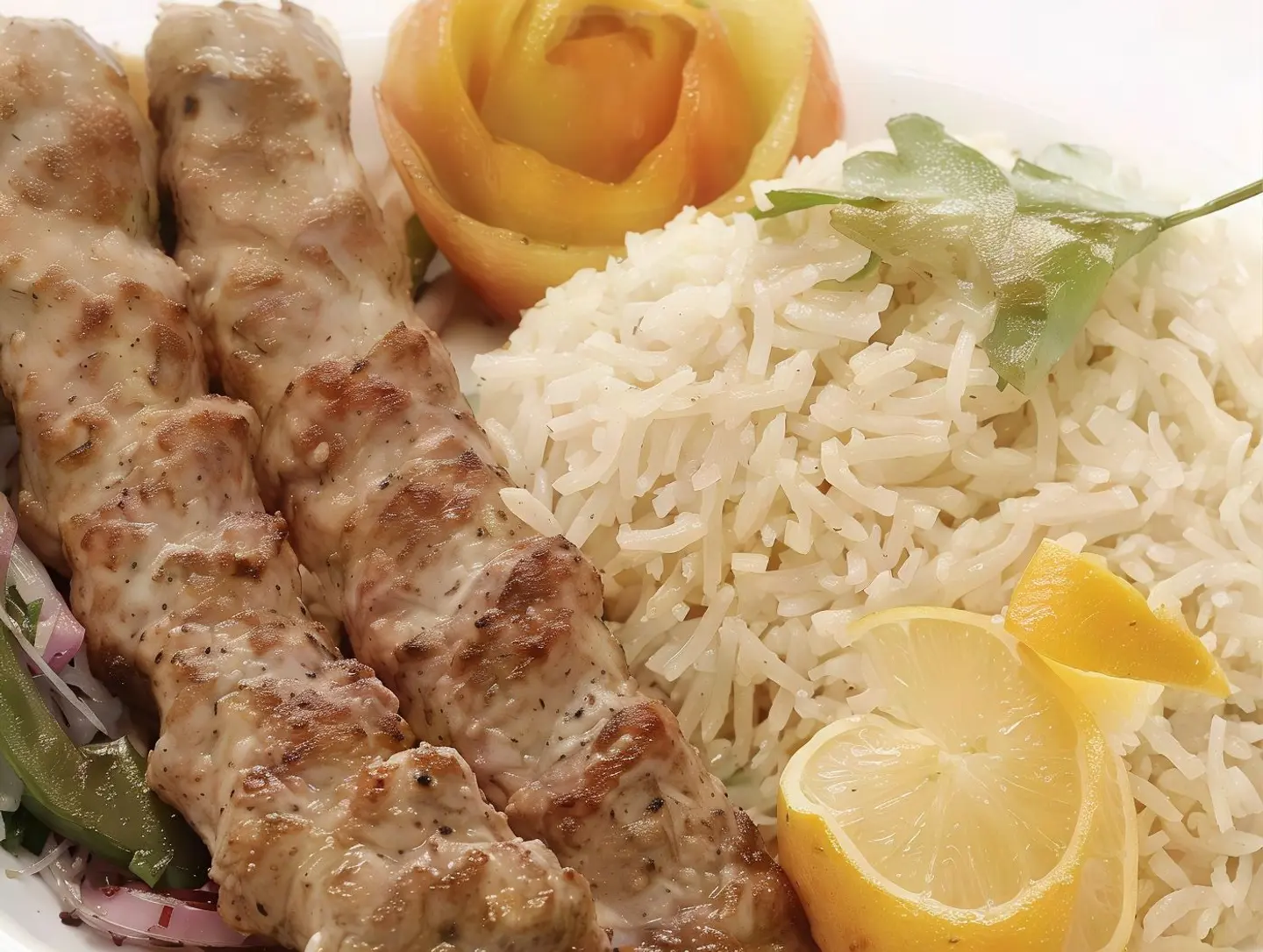 كباب صدر دجاج ٢ سيخ معه نفر رز مع طماطم ، بصل ، فلفل أخضر مدخن - عادي