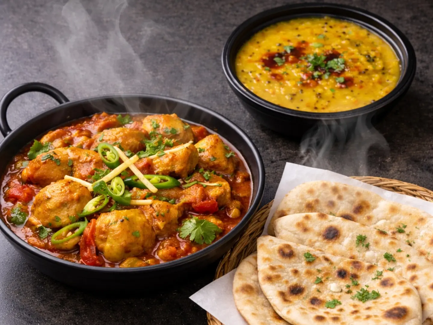 Chicken Kadai With 2 Roti & Dal Single Serving