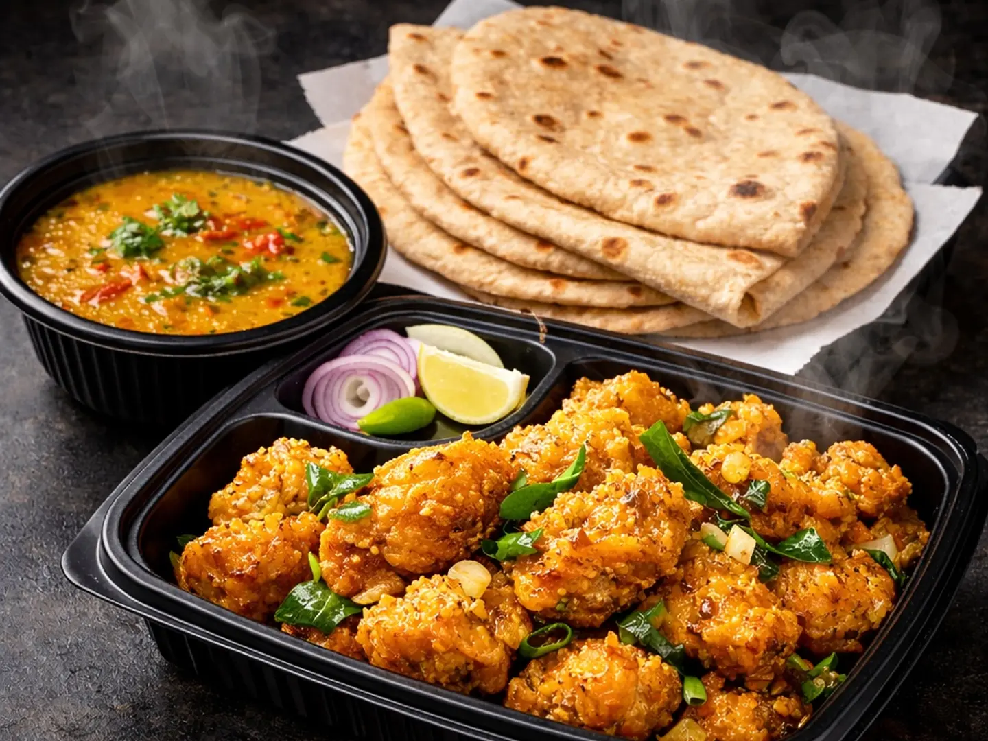 Golden Crispy Chicken With 2 Roti Dal Single Serving