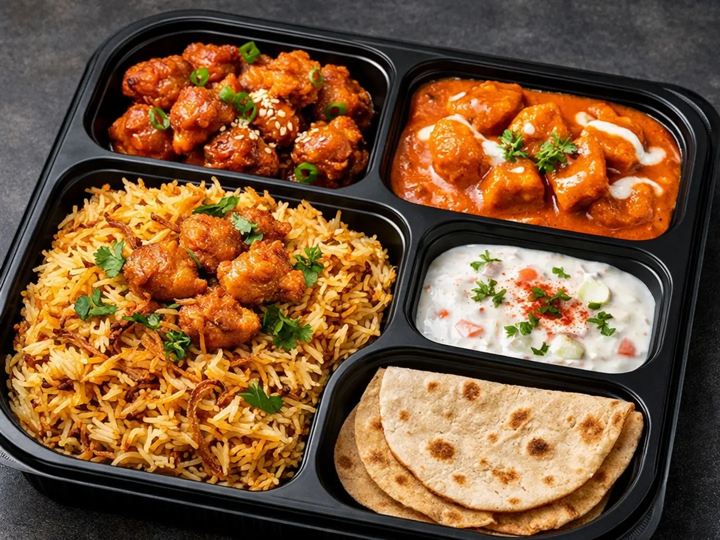 Biryani Rice Butter Chicken Gobi Manchuriyan Yogurt Salad And Bread