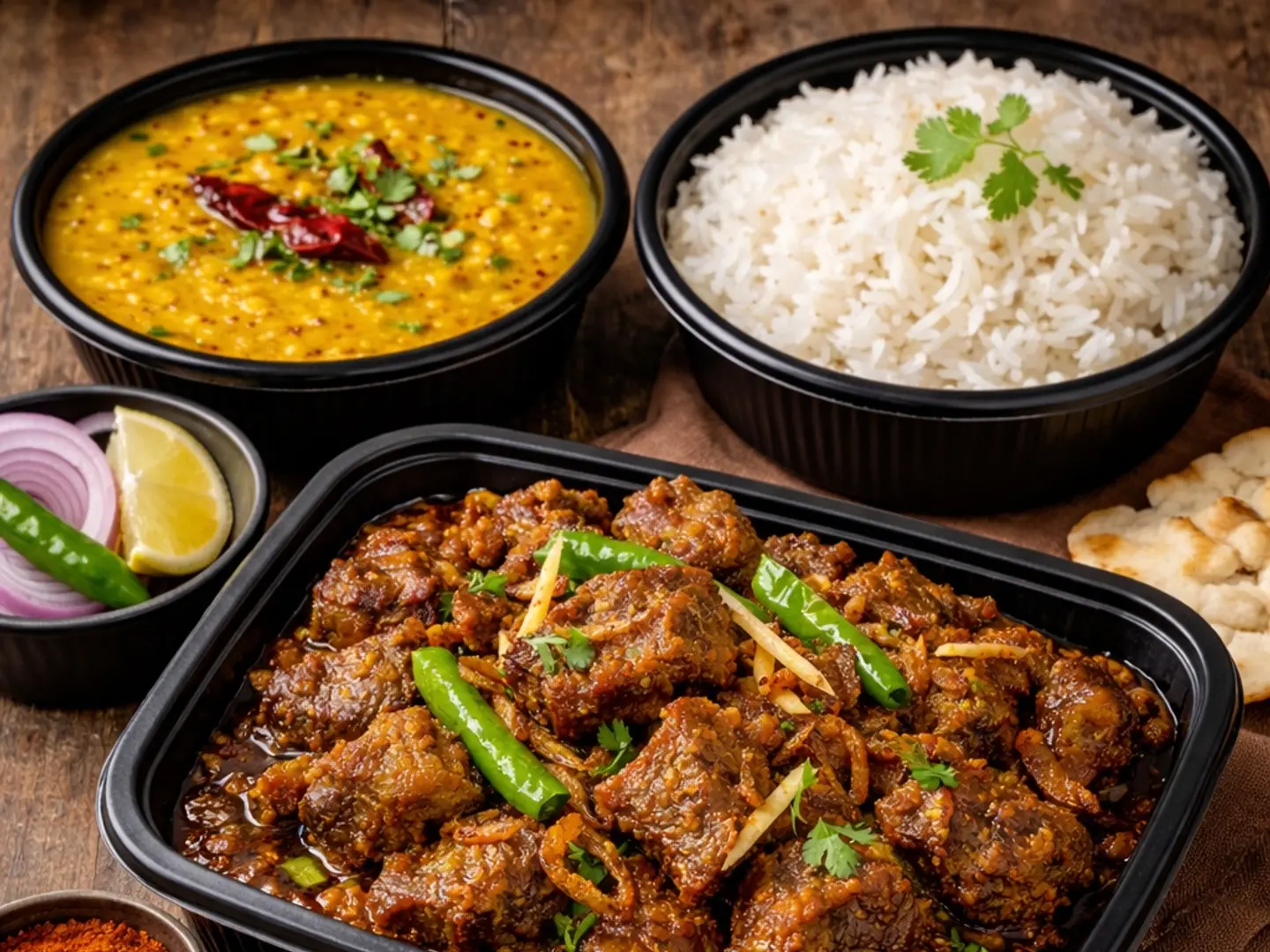 Tala Hua Gosht With Long White Rice Dal Single Servings