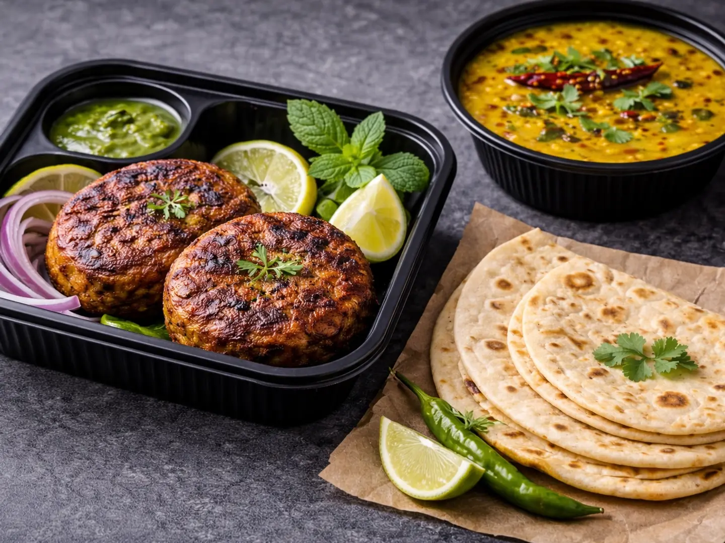 كباب شامي لحم ضأن حيدرابادي ٢ قطعة مع ٣ خبز شباتي ودال