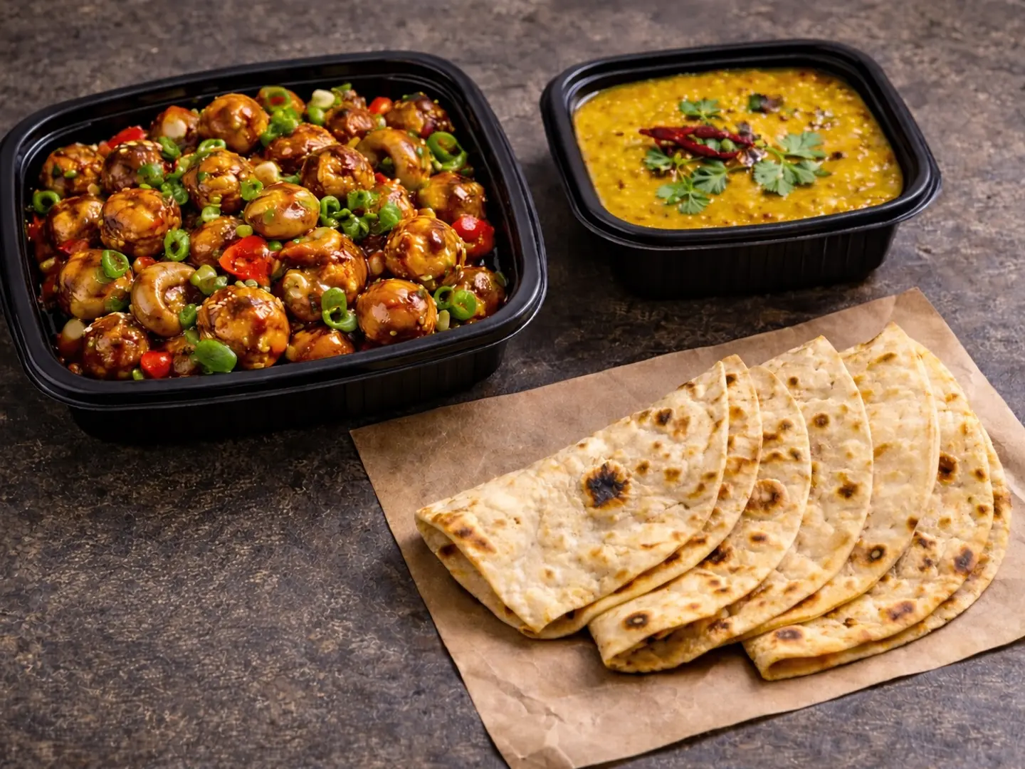 Mushroom Chilly With 3 Breds And Dal